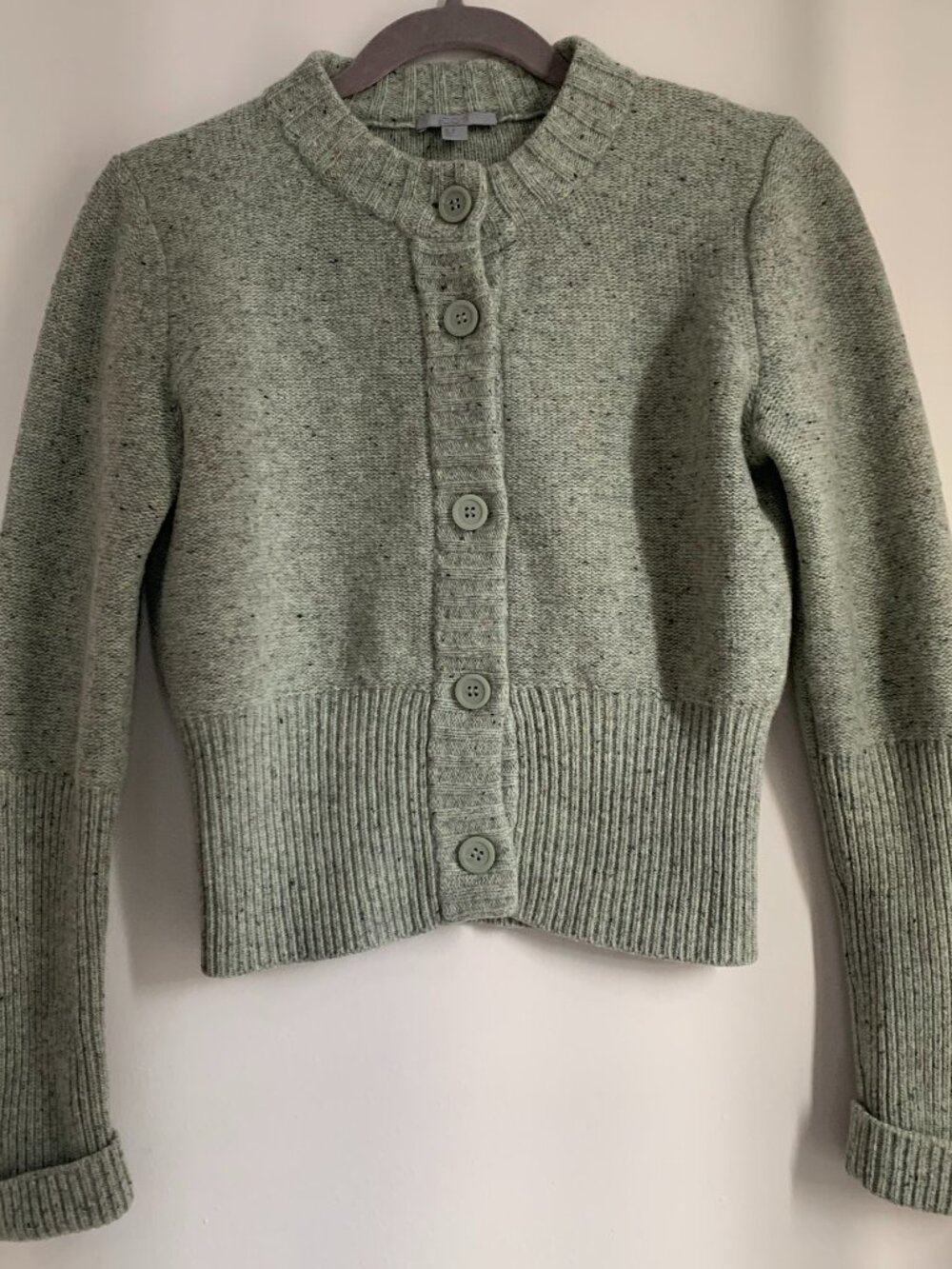 COS Sage Green Speckled Donegal Knit Cropped Cardigan Sweater Size S